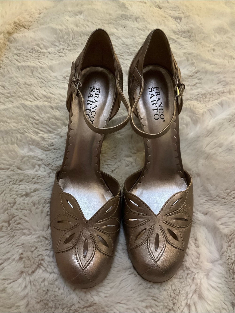 Franco Sarto Metallic Bronze Cutout Ankle-Strap Heels